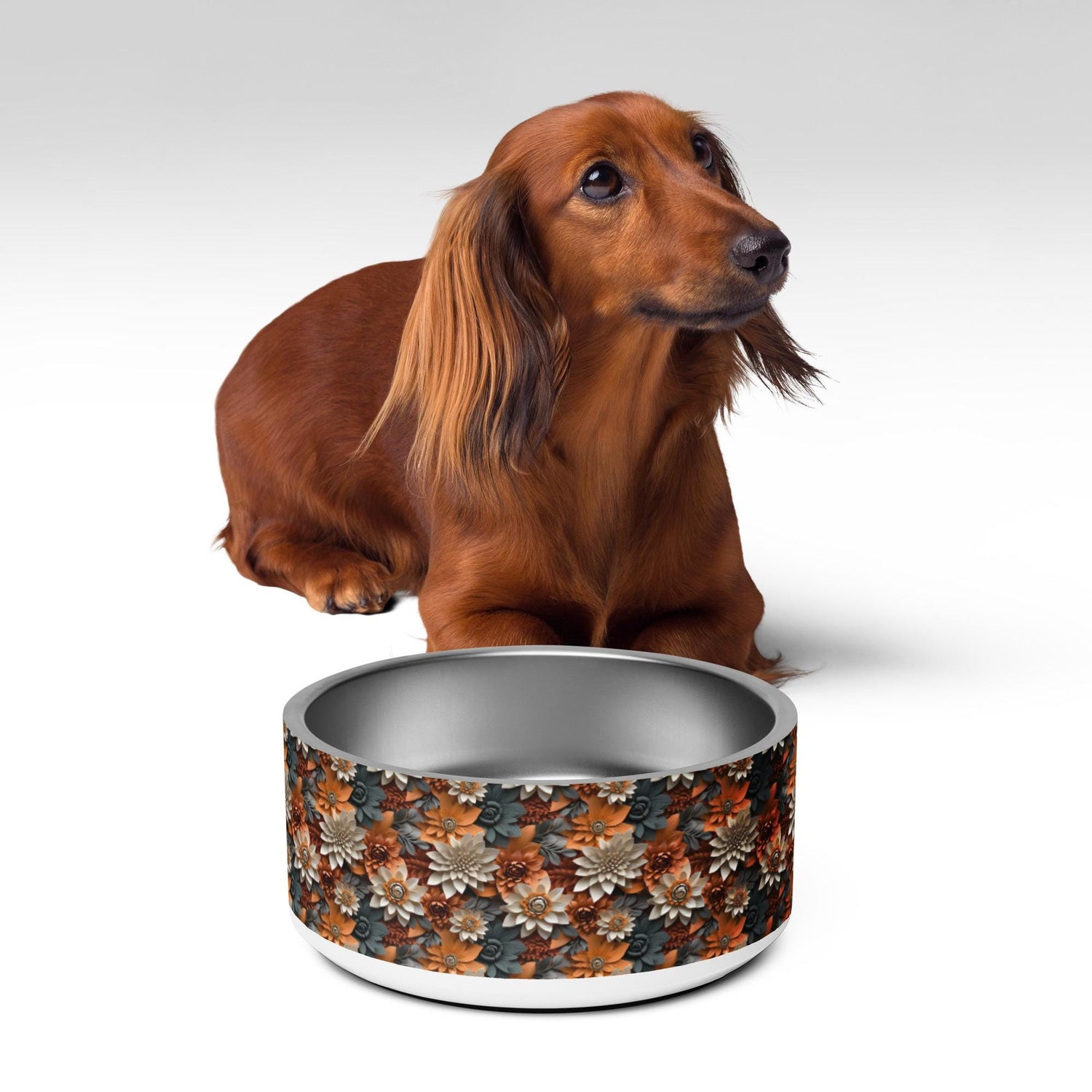 Fall Floral Pet bowl all over print pattern design water kibble wet food stylish decor luxury upscale doggy plate