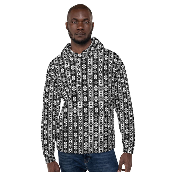 Sudadera con capucha para hombre con estampado de patrón acogedor, diseño integral, informal, cálido, elegante, estilo de pasarela, ajuste relajado para todos los días, sensación de polar.