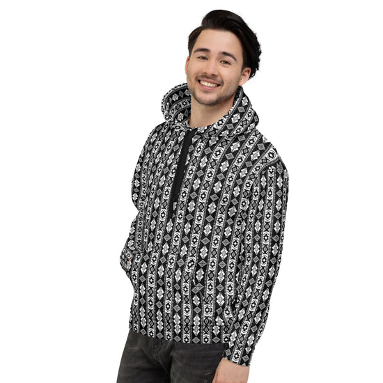 Sudadera con capucha para hombre con estampado de patrón acogedor, diseño integral, informal, cálido, elegante, estilo de pasarela, ajuste relajado para todos los días, sensación de polar.