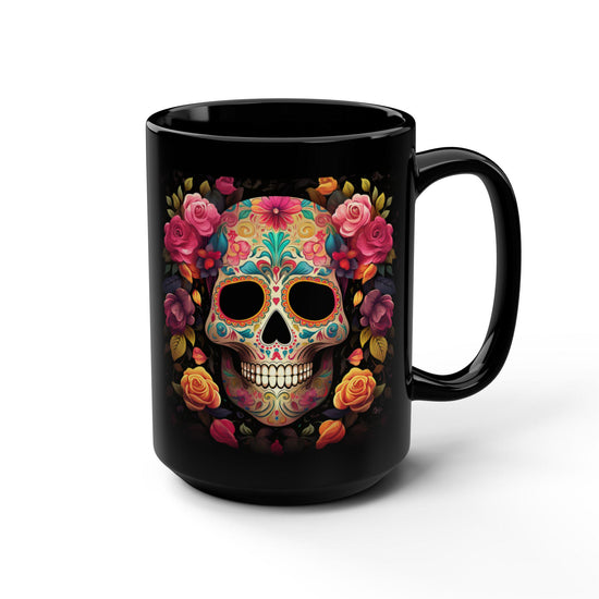 Black Mug, 15oz, Day of The Dead, Dia de Los Muertos, Halloween Mug, Dark Mug, Large Coffee Mug, Festive Mug, Holiday Mug