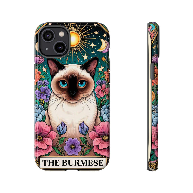 Tough Cases, Iphone 15 cover, Iphone 14 case cover, Burmese Cat, Kitty Tarot Cards, Colorful floral animal designs, conventional gift