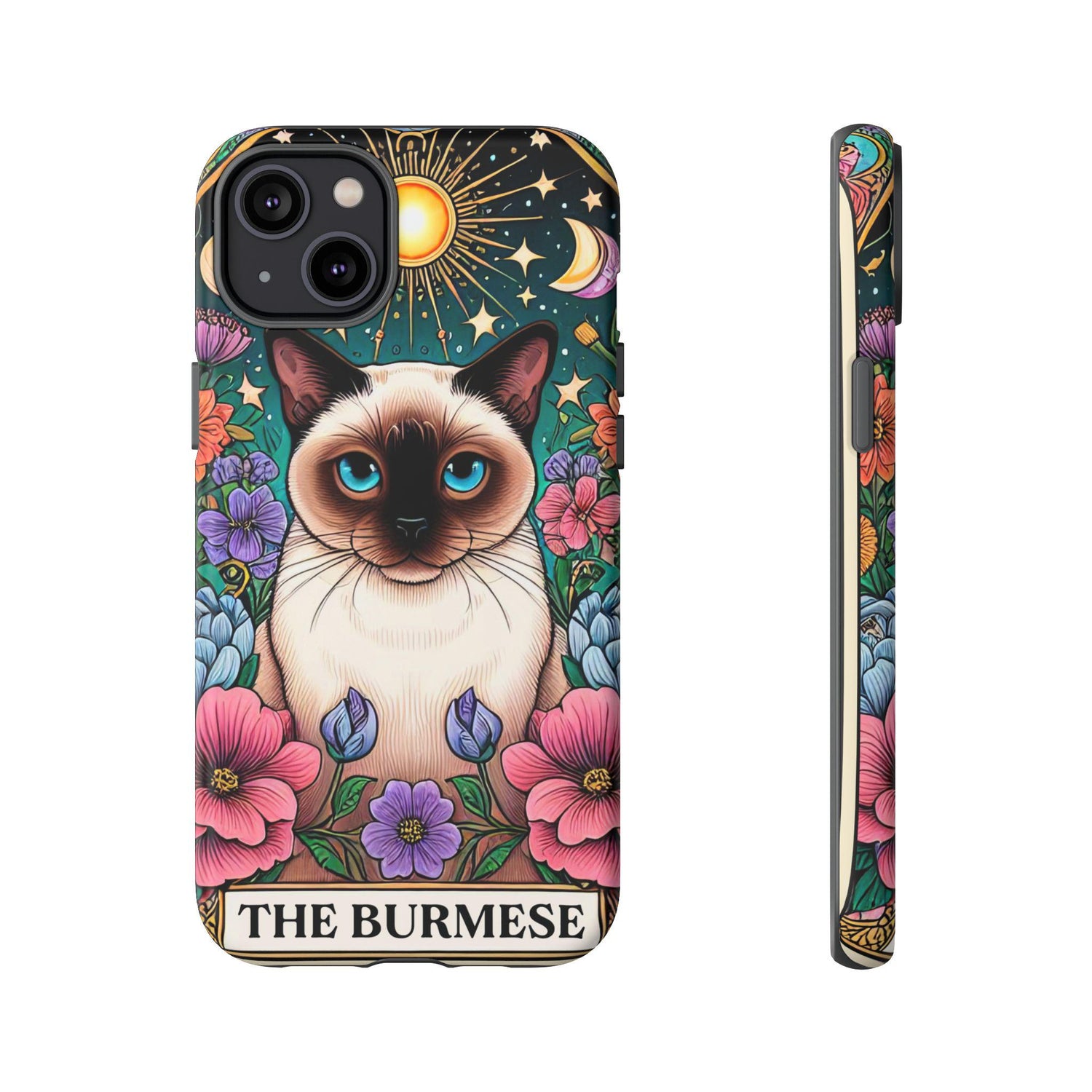 Tough Cases, Iphone 15 cover, Iphone 14 case cover, Burmese Cat, Kitty Tarot Cards, Colorful floral animal designs, conventional gift