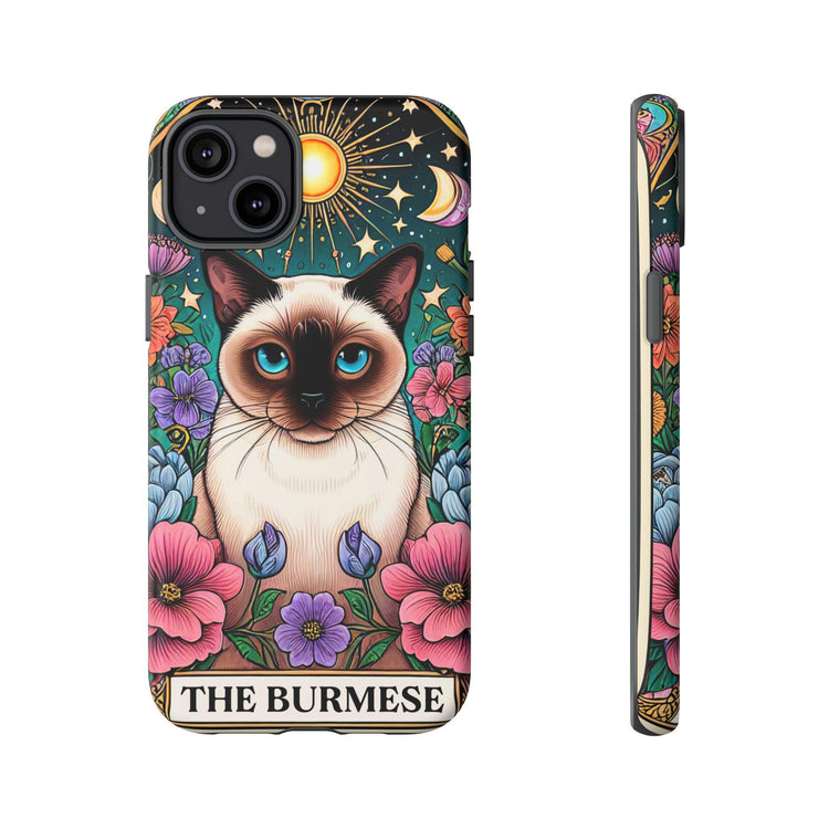 Tough Cases, Iphone 15 cover, Iphone 14 case cover, Burmese Cat, Kitty Tarot Cards, Colorful floral animal designs, conventional gift