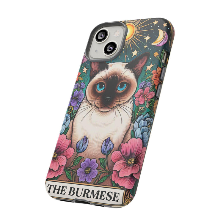 Tough Cases, Iphone 15 cover, Iphone 14 case cover, Burmese Cat, Kitty Tarot Cards, Colorful floral animal designs, conventional gift