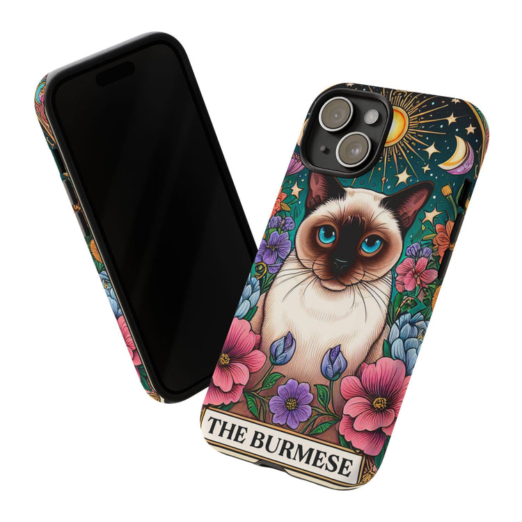 Tough Cases, Iphone 15 cover, Iphone 14 case cover, Burmese Cat, Kitty Tarot Cards, Colorful floral animal designs, conventional gift