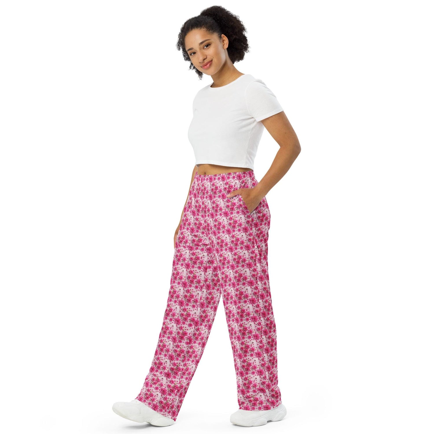 Pink Floral 3D Wide-Leg Pants | All-Over Print Casual Lounge Wear | High-Quality Women&