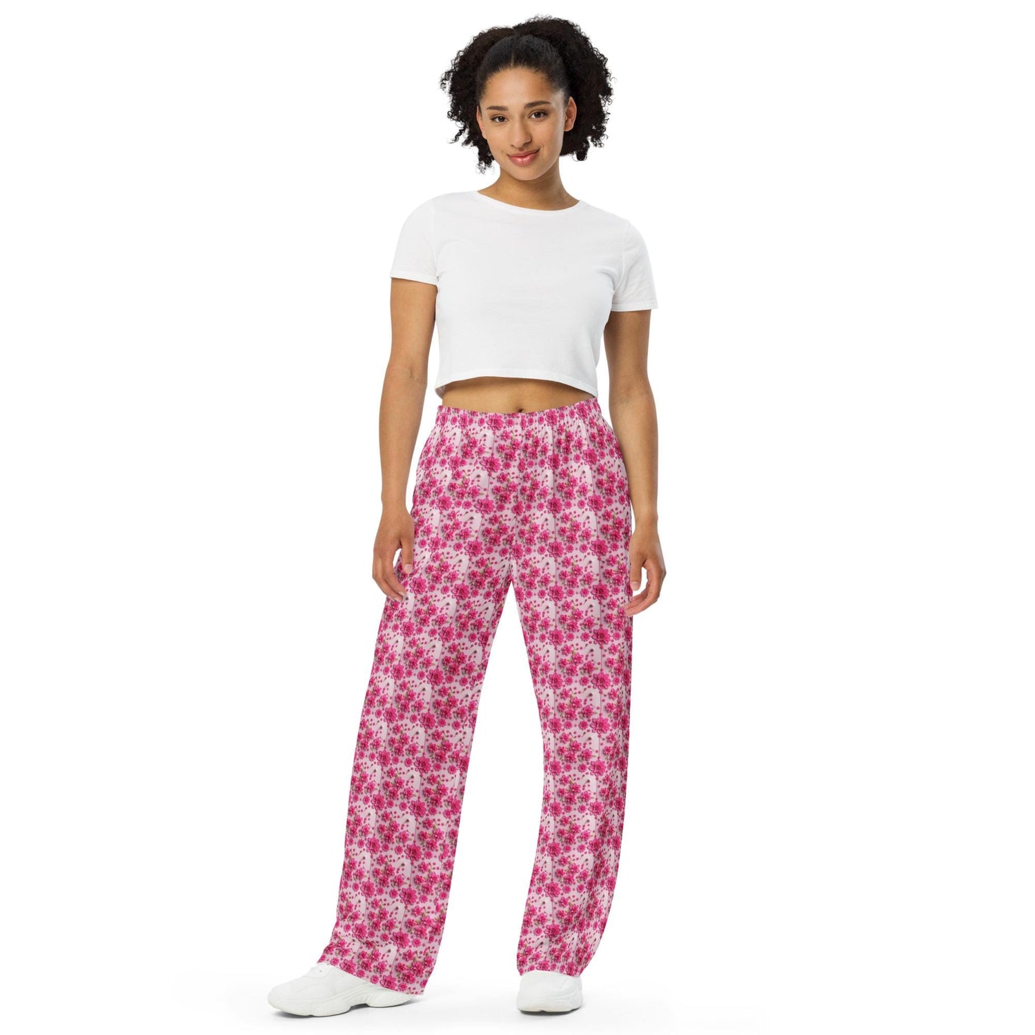 Pink Floral 3D Wide-Leg Pants | All-Over Print Casual Lounge Wear | High-Quality Women&