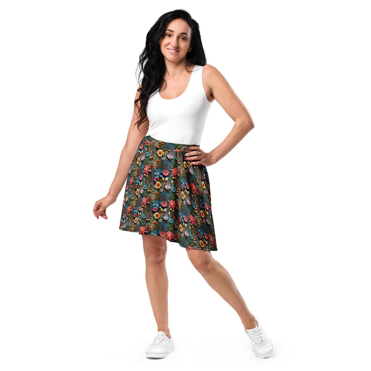 Vibrant All-Over 3D Threaded Floral Print Skater Skirt | Feminine Summer Style | Customizable Sizes