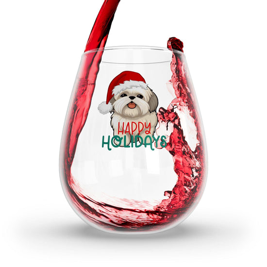 Shitzu Stemless Wine Glass, 11.75oz - Dog Lover Party Red Wine Glass, Xmas Gift, Holiday Glassware, Cute Animal Glass, Pet Owner Present