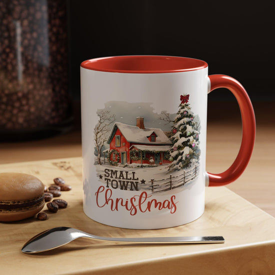 Christmas Accent Mug, Red 11oz, Farmhouse Kitchen Decor, Holiday Designer Mug, Country Style Xmas Cup, Small Town Vibes