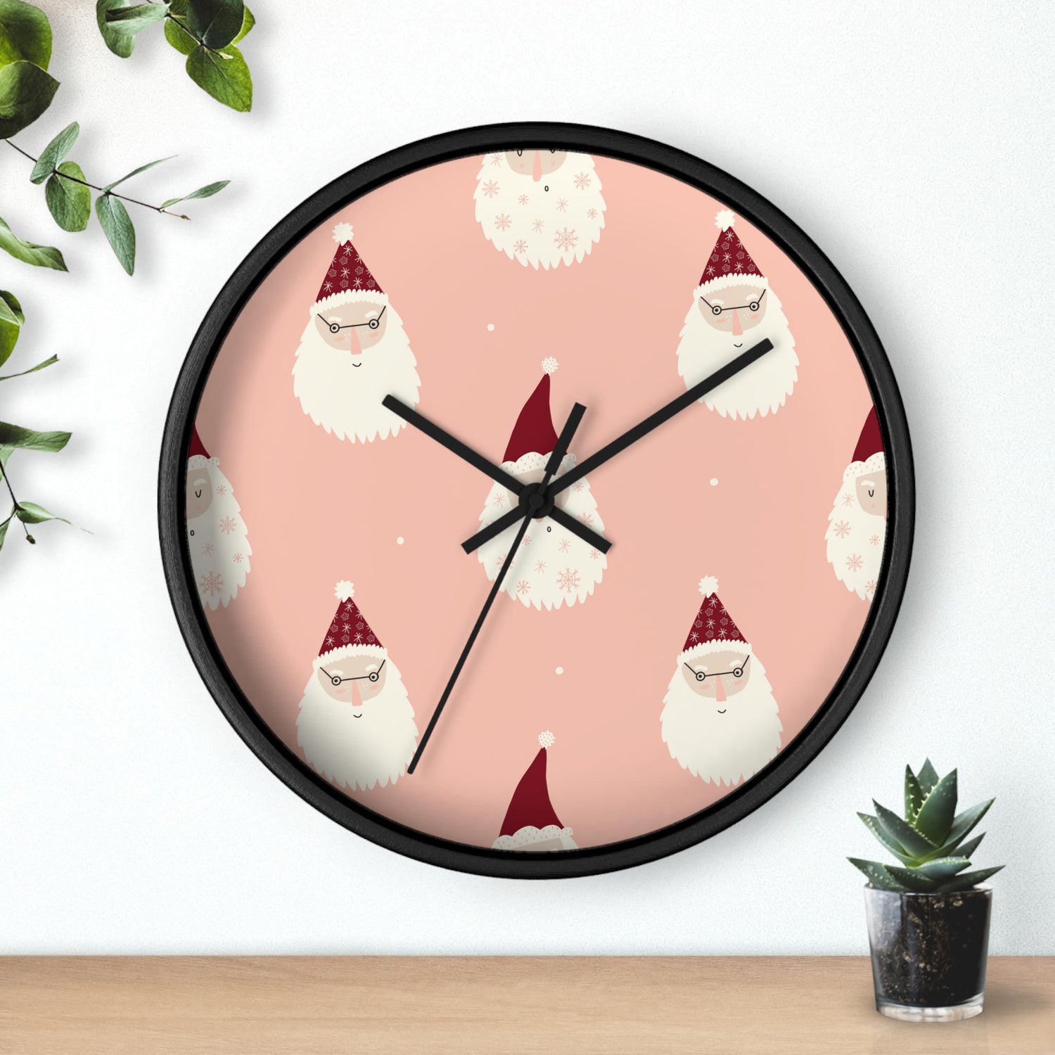 Christmas Wall Clock, Holiday Santa Pattern Clock, Gift for Mom, Xmas Home Decor, All Over Print Wall Art