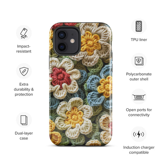 Tough Case for iPhone®, crotchet floral stylish fabric statement look design strong iphone 14 iphone 15 hard phone cover