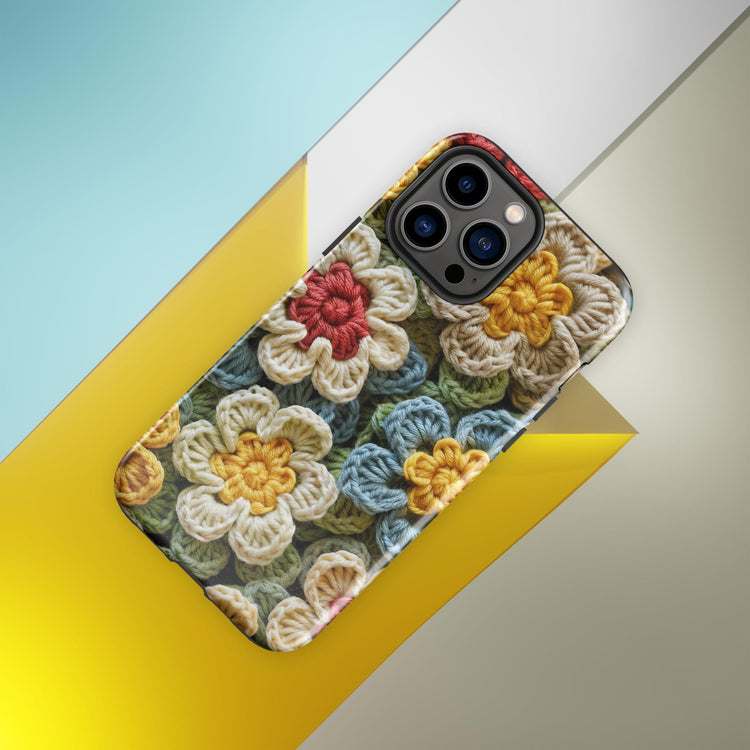 Tough Case for iPhone®, crotchet floral stylish fabric statement look design strong iphone 14 iphone 15 hard phone cover