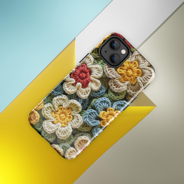 Tough Case for iPhone®, crotchet floral stylish fabric statement look design strong iphone 14 iphone 15 hard phone cover