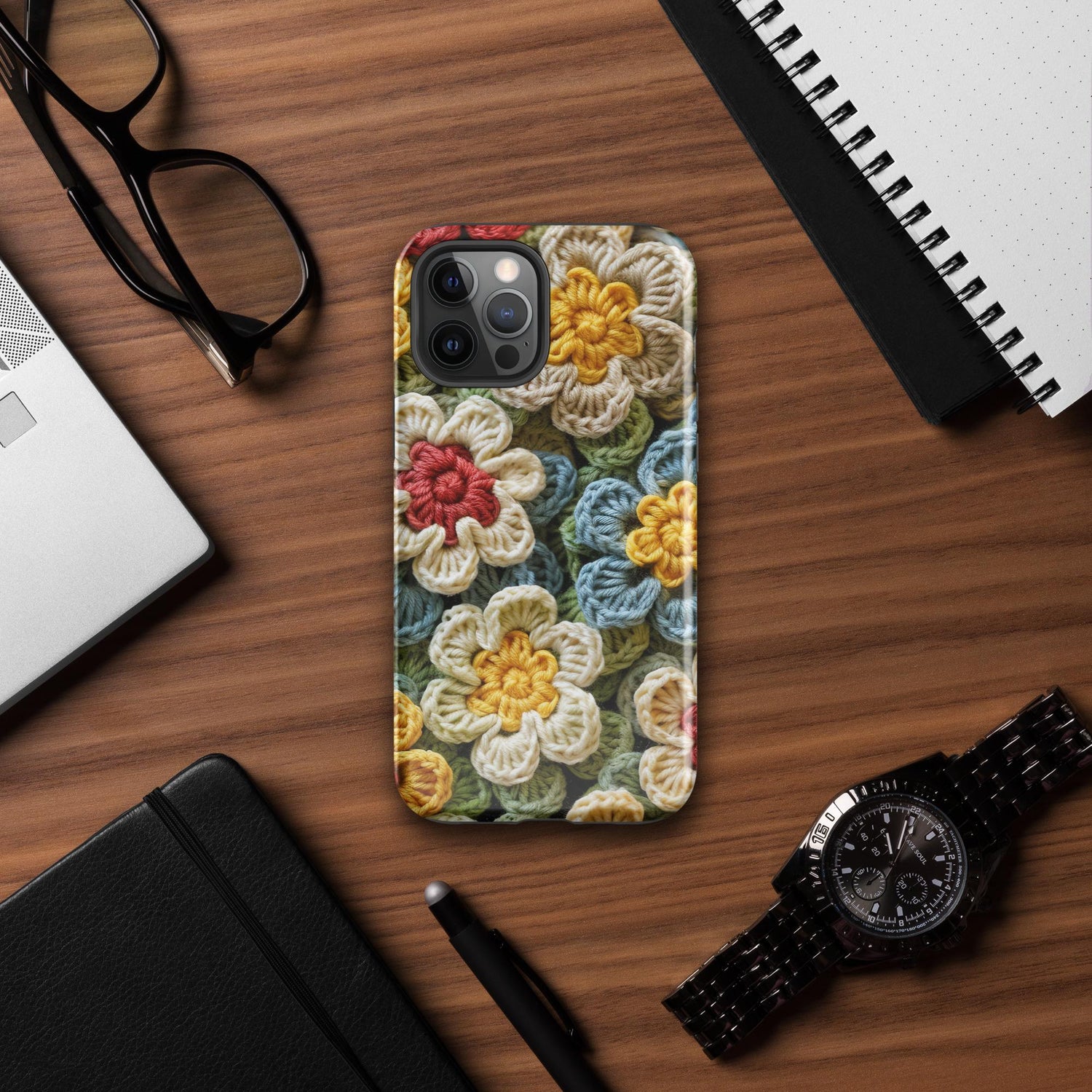 Tough Case for iPhone®, crotchet floral stylish fabric statement look design strong iphone 14 iphone 15 hard phone cover