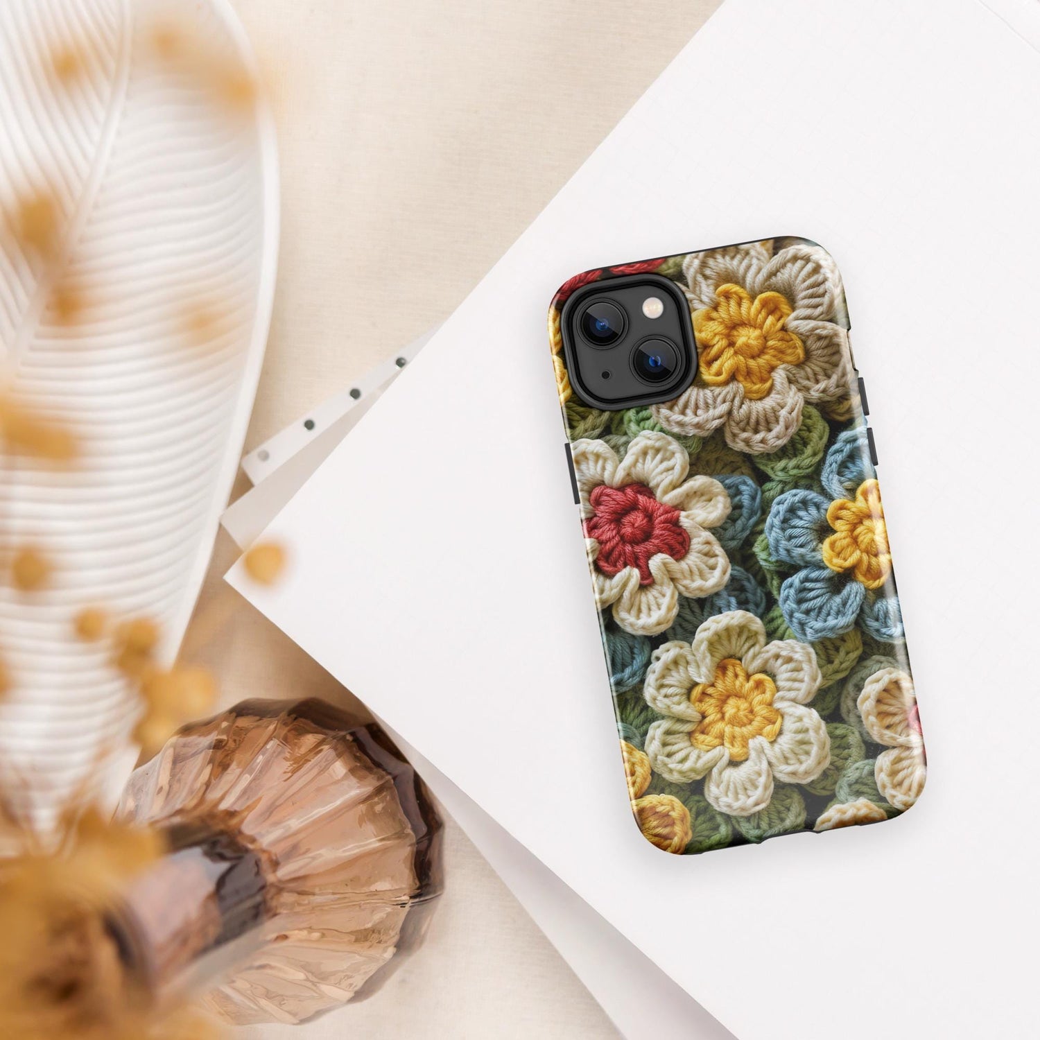 Tough Case for iPhone®, crotchet floral stylish fabric statement look design strong iphone 14 iphone 15 hard phone cover