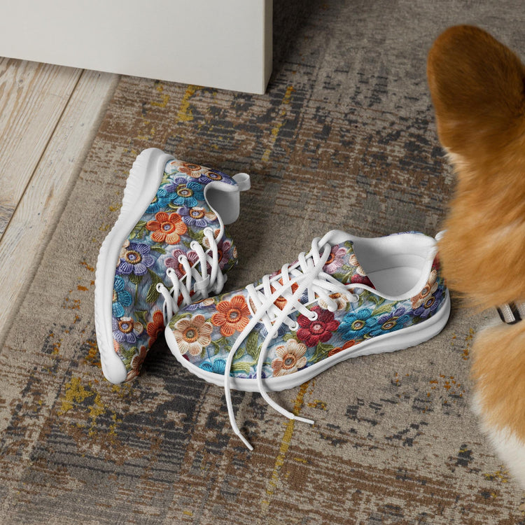 Women’s athletic shoes, stylish walking jogging shopping pretty floral crotchet AOP relax fashion everyday tennis sneaker shoes