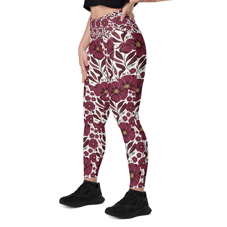 High-Waisted Leggings with Pockets | Recycled Polyester Floral all over Print Pattern Workout Pants | UPF 50+ Compression Yoga Tights