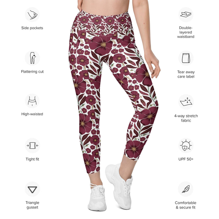 High-Waisted Leggings with Pockets | Recycled Polyester Floral all over Print Pattern Workout Pants | UPF 50+ Compression Yoga Tights