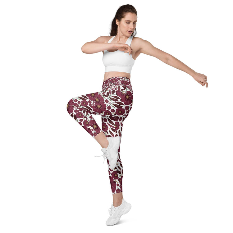 High-Waisted Leggings with Pockets | Recycled Polyester Floral all over Print Pattern Workout Pants | UPF 50+ Compression Yoga Tights