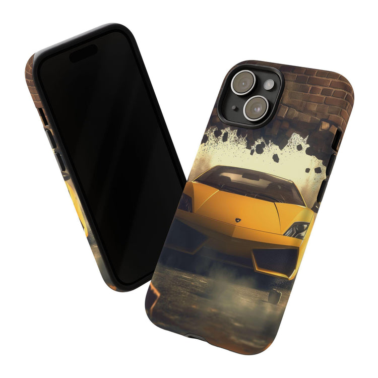 Tough Cases, Iphone 15 fun case, Iphone14 hard cover case, Yellow Lamborghini portrait, stylish phone, youthful inspired gift