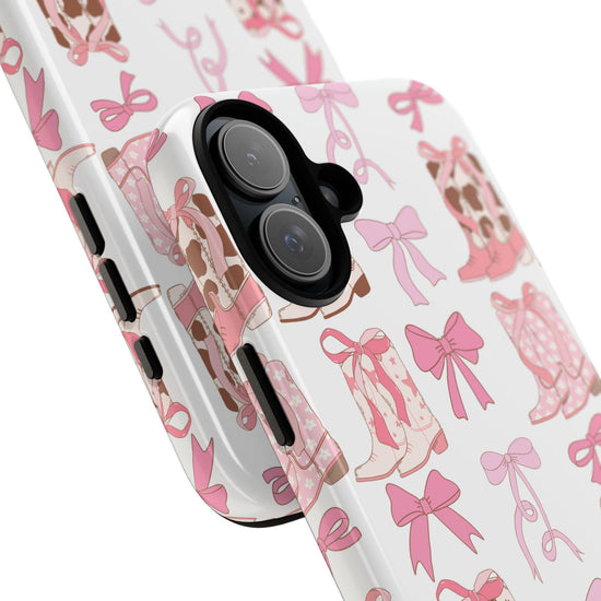 Tough Cases, Iphone Pink Bow Cowboy boots Pretty in pink ribbon cowgirl stylish fashion variety Barbie fashion matte glossy phone cover