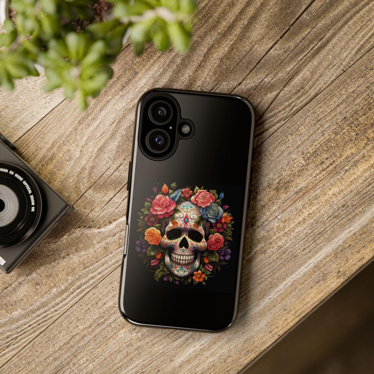 Vibrant Floral Day of the Dead iPhone & Samsung Case | Colorful Dia de los Muertos Design | Classic Black Background