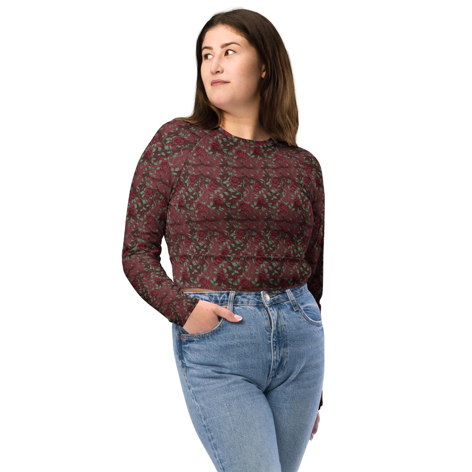 Eco-Friendly Long-Sleeve Crop Top – Recycled Fabric, UPF 50+ Sports, jean casual dinner everyday all over pattern print sexy top