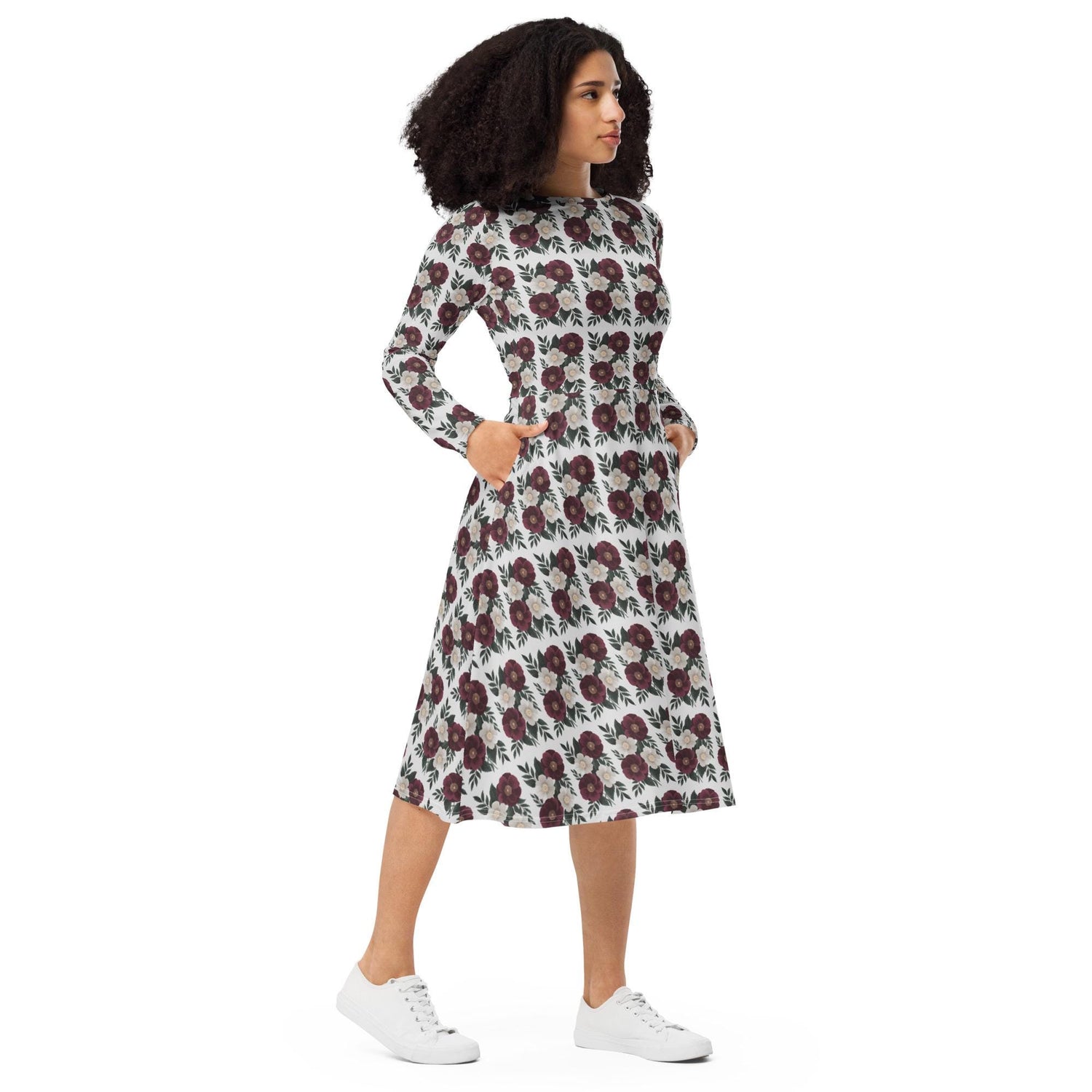 Floral All-Over Print Long Sleeve Midi Dress with Pockets – Feminine Fit & Flared Style