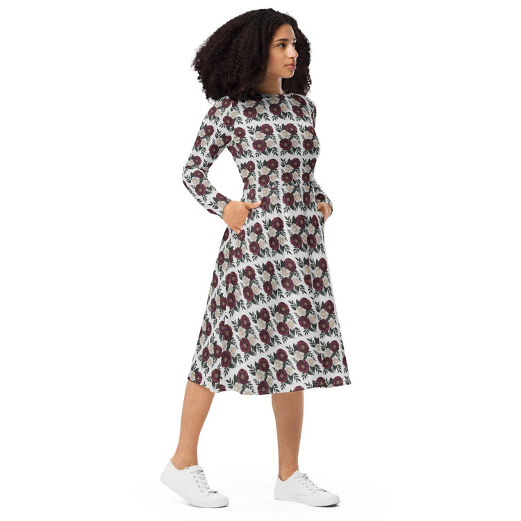 Floral All-Over Print Long Sleeve Midi Dress with Pockets – Feminine Fit & Flared Style