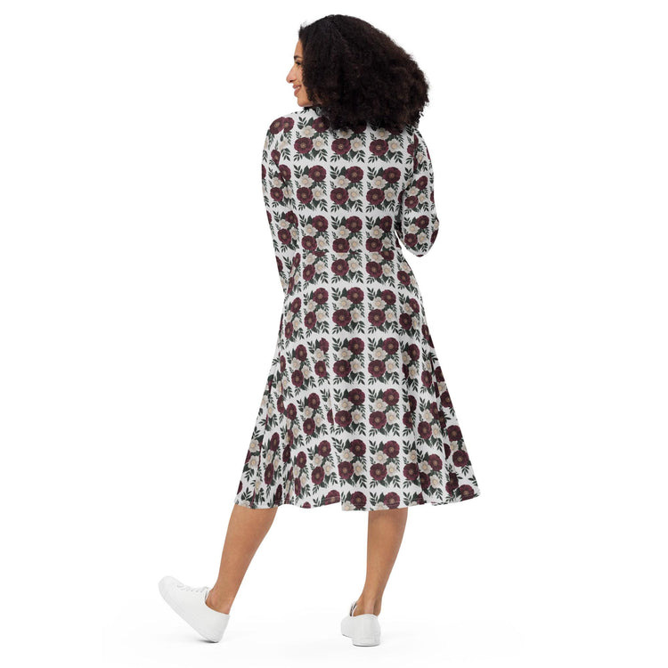 Floral All-Over Print Long Sleeve Midi Dress with Pockets – Feminine Fit & Flared Style