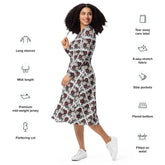 Floral All-Over Print Long Sleeve Midi Dress with Pockets – Feminine Fit & Flared Style