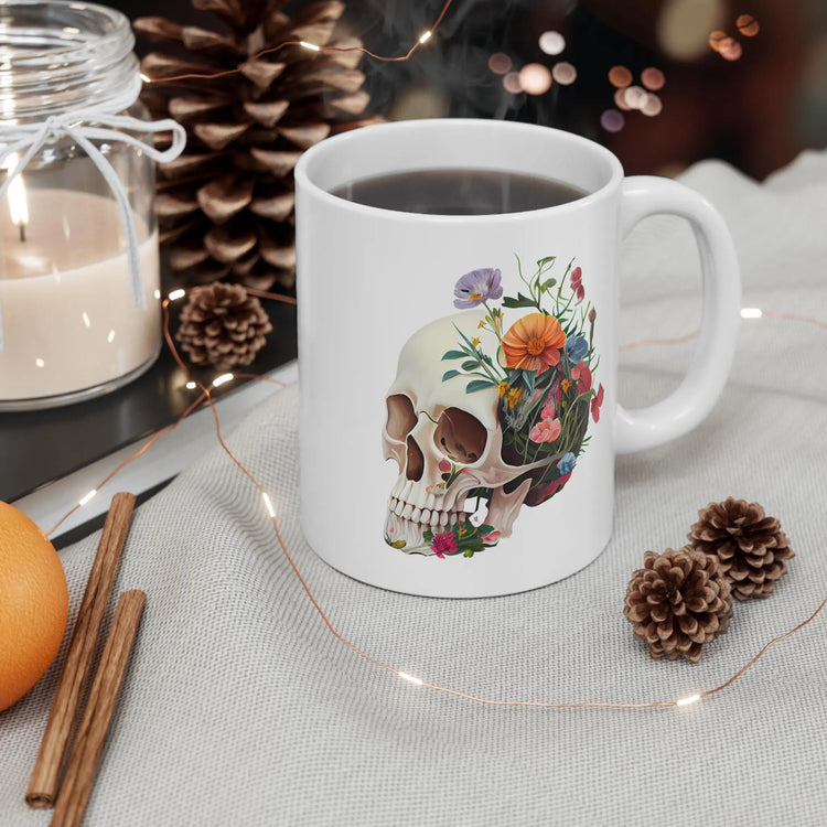 Floral Skull Mug - Artistic Coffee Cup for Floral Lovers, Unique Gift, Home Décor, Halloween Decoration, Custom Drinkware The Aurora Touch