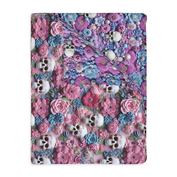 Skull & Floral Velveteen Blanket, Two- Sided Cozy Throw for Home Decor, Perfect for Halloween, Day of the Dead, Gothic Style, Unique Gift