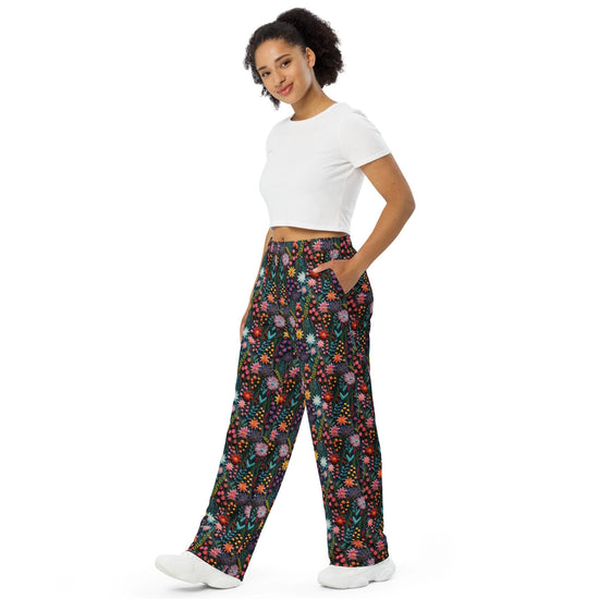 Pantalones anchos con estampado floral 3D para mujer