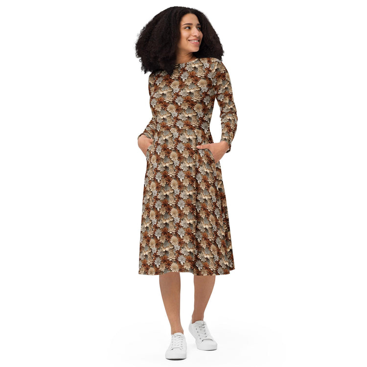 Stunning All-Over Fall Floral Print Midi Dress | Long Sleeve | Autumn Elegance