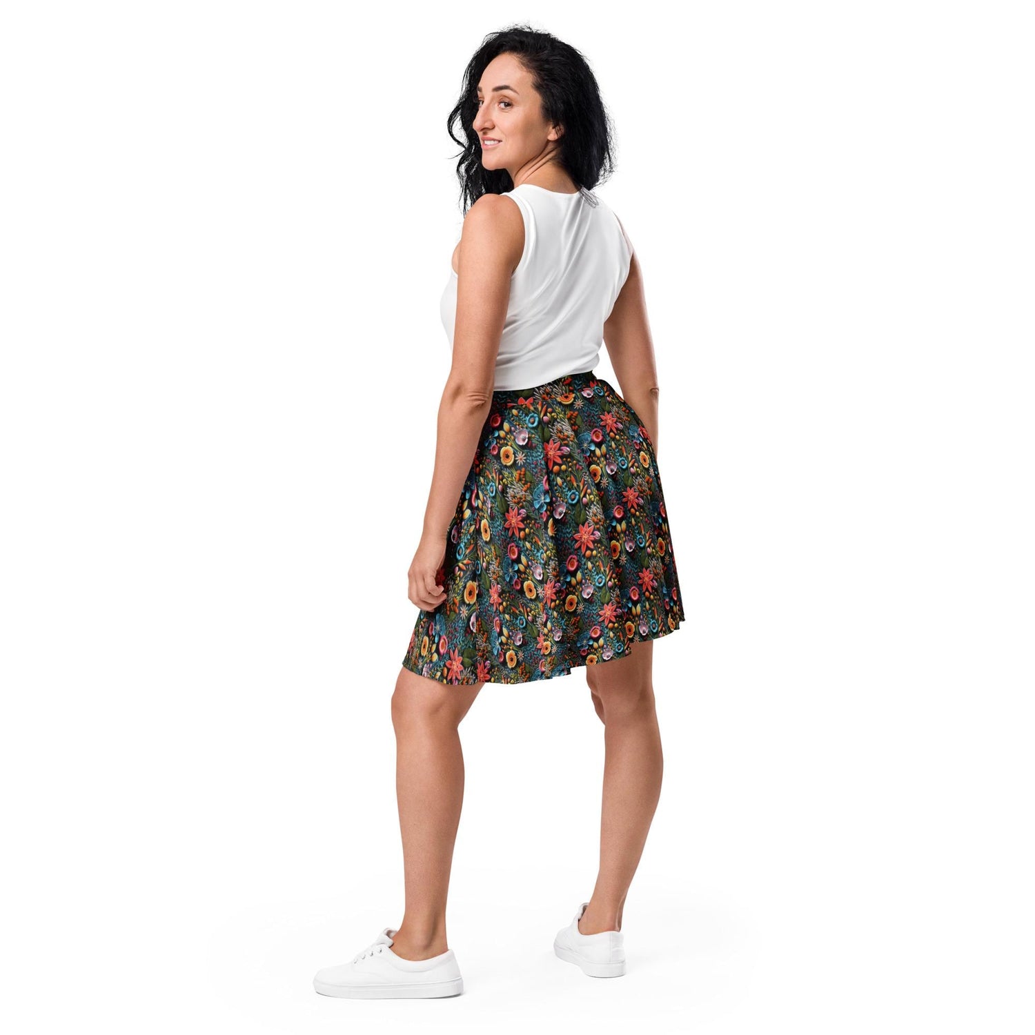 Vibrant All-Over 3D Threaded Floral Print Skater Skirt | Feminine Summer Style | Customizable Sizes