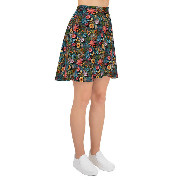 Vibrant All-Over 3D Threaded Floral Print Skater Skirt | Feminine Summer Style | Customizable Sizes