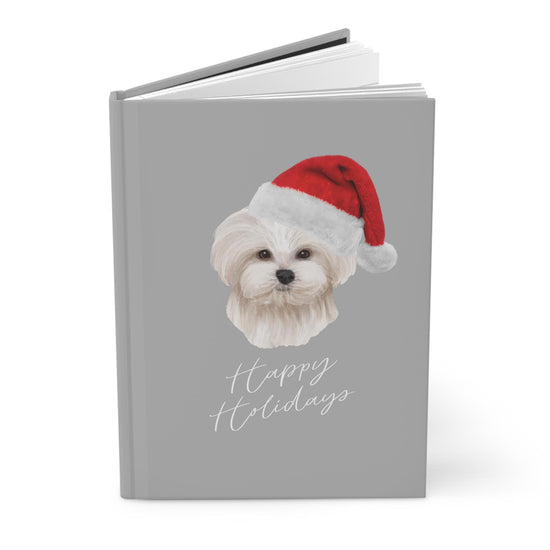 Holiday Hardcover Journal Matte - Santa Maltese Puppy, Classy Designer Gift for Student, Xmas Daily Journal