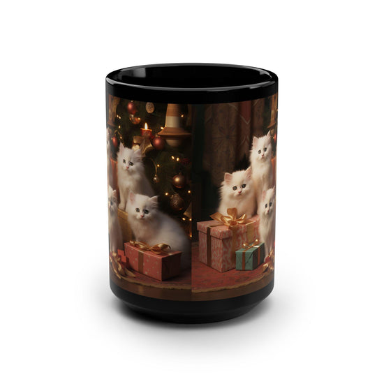 Black Mug, 15oz, Christmas kittens, Kitty Design, Coffee Mug, Tea Cup, Kitchen Decor, Gift for Grandma, Xmas Gift, Stocking Stuffer