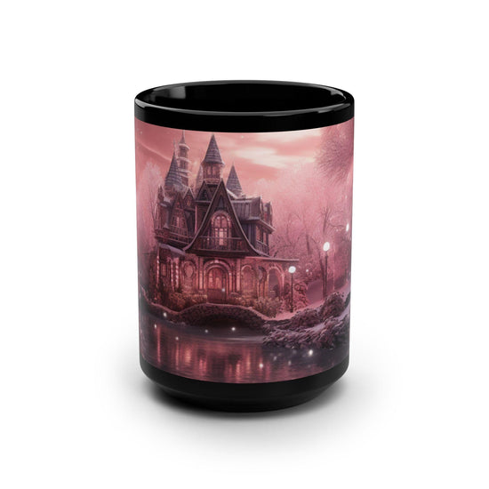 Holiday Scene Black Mug, 15oz, Pink Xmas Mystic Holiday Stylish Designer Home Office Coffee Tea Hot Beverage Cup