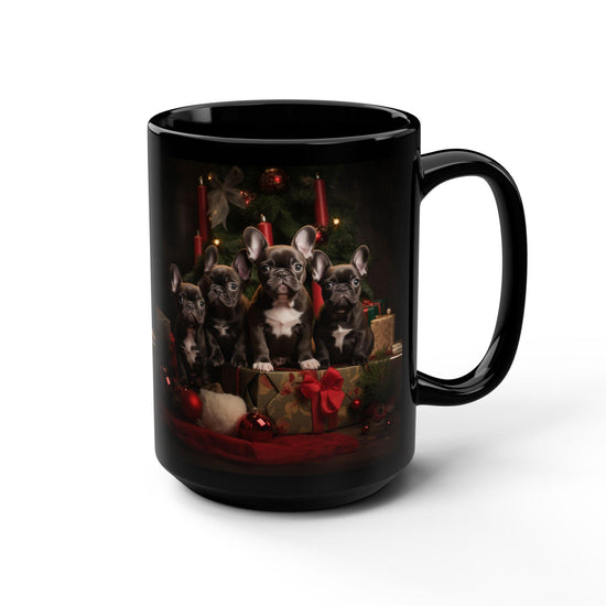 Holiday Frenchie Dog 15oz Black Mug - Pet Lovers Christmas Gift, Coffee Tea Cup for Doctors and Vet Office, Holiday Dogs Mug