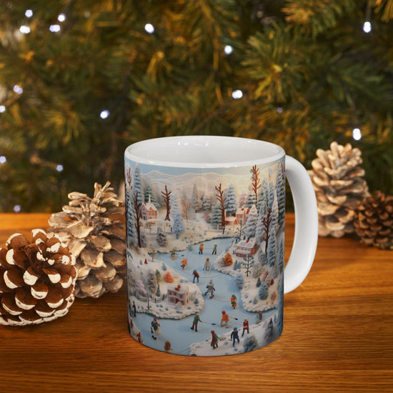 Holiday Scene Ceramic Mug - Crochet Xmas Designs, Hot Chocolate Mug, Novelty Holiday Items, Christmas Gift Idea, Contemporary Xmas Coffee