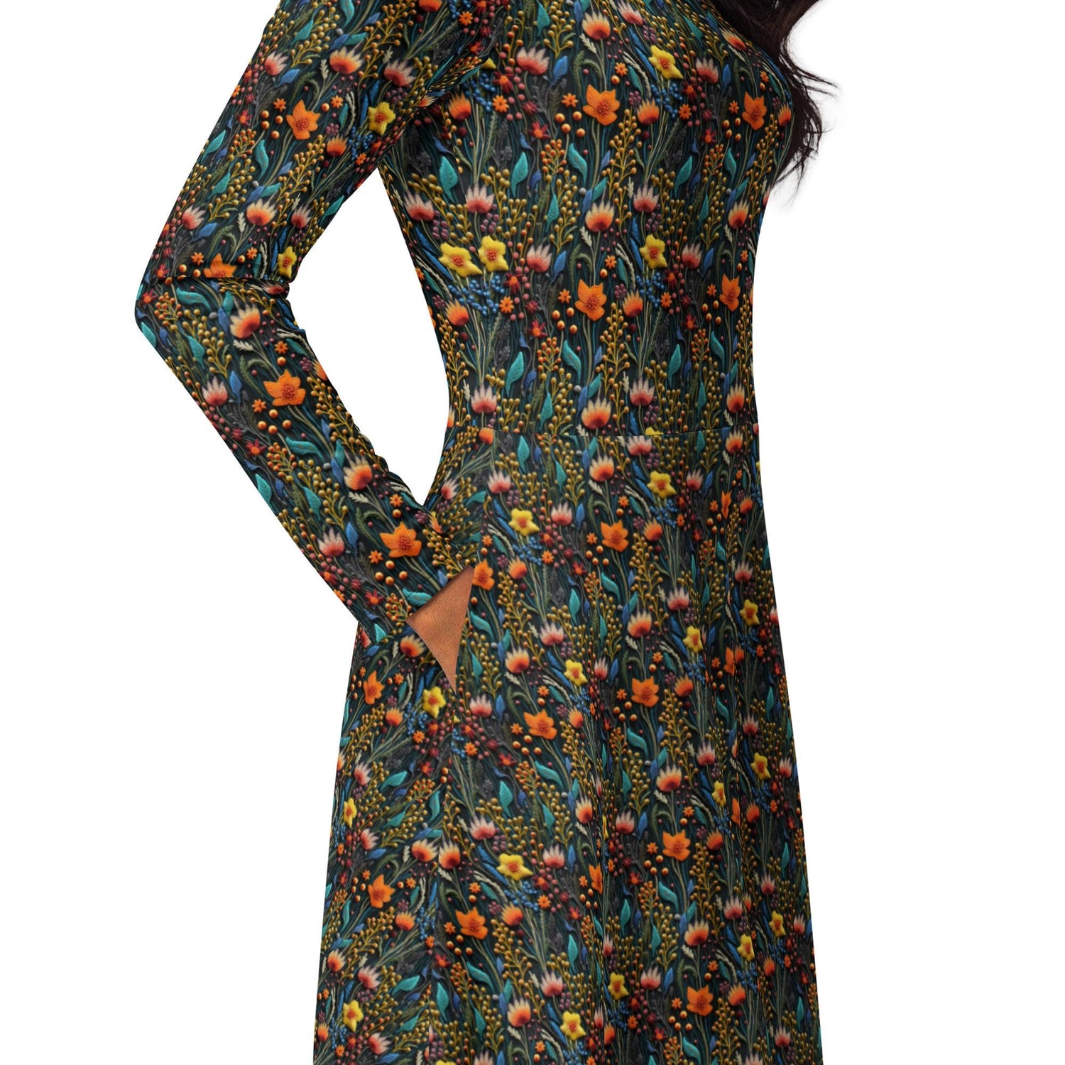 Bohemian Floral Crochet Long Sleeve Midi Dress | All-Over Print | Boho Chic Style