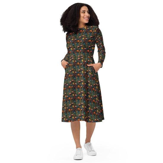 Bohemian Floral Crochet Long Sleeve Midi Dress | All-Over Print | Boho Chic Style