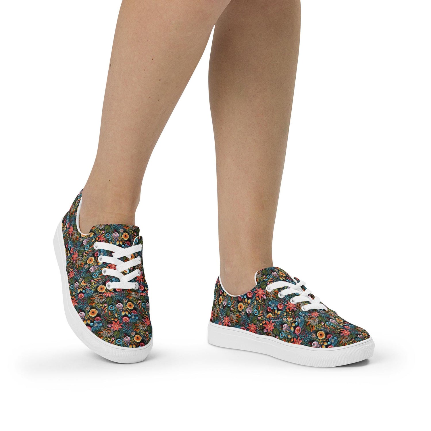 Colorful Floral Pattern Canvas Lace-Up Shoes for Women | Stylish All-Over Print Sneakers | Trendy Floral Footwear