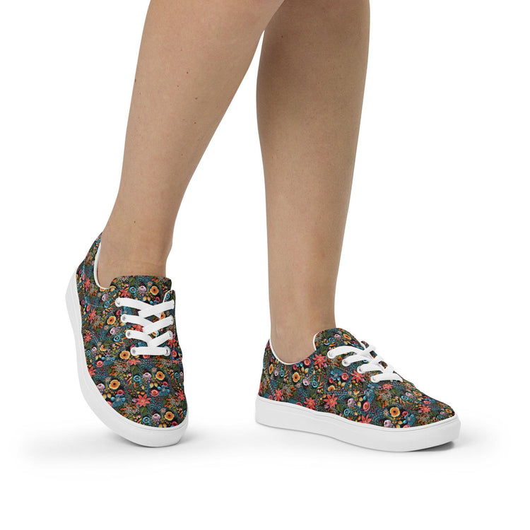 Colorful Floral Pattern Canvas Lace-Up Shoes for Women | Stylish All-Over Print Sneakers | Trendy Floral Footwear