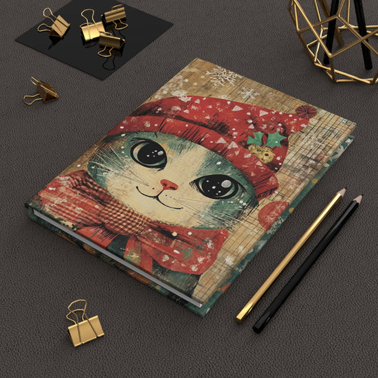 Whimsical Cat Hardcover Journal | Cute Cat Diary, Christmas Gift, Pet Lover Notebook, Winter Journal, Vintage Style Stationery