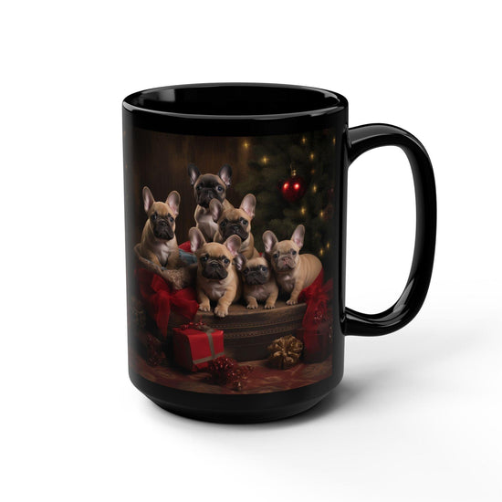 Holiday Frenchie Puppy Black Mug, 15oz - Christmas Gift, Tea Cup, Novelty Mug, Gift for Mom, Gift for her