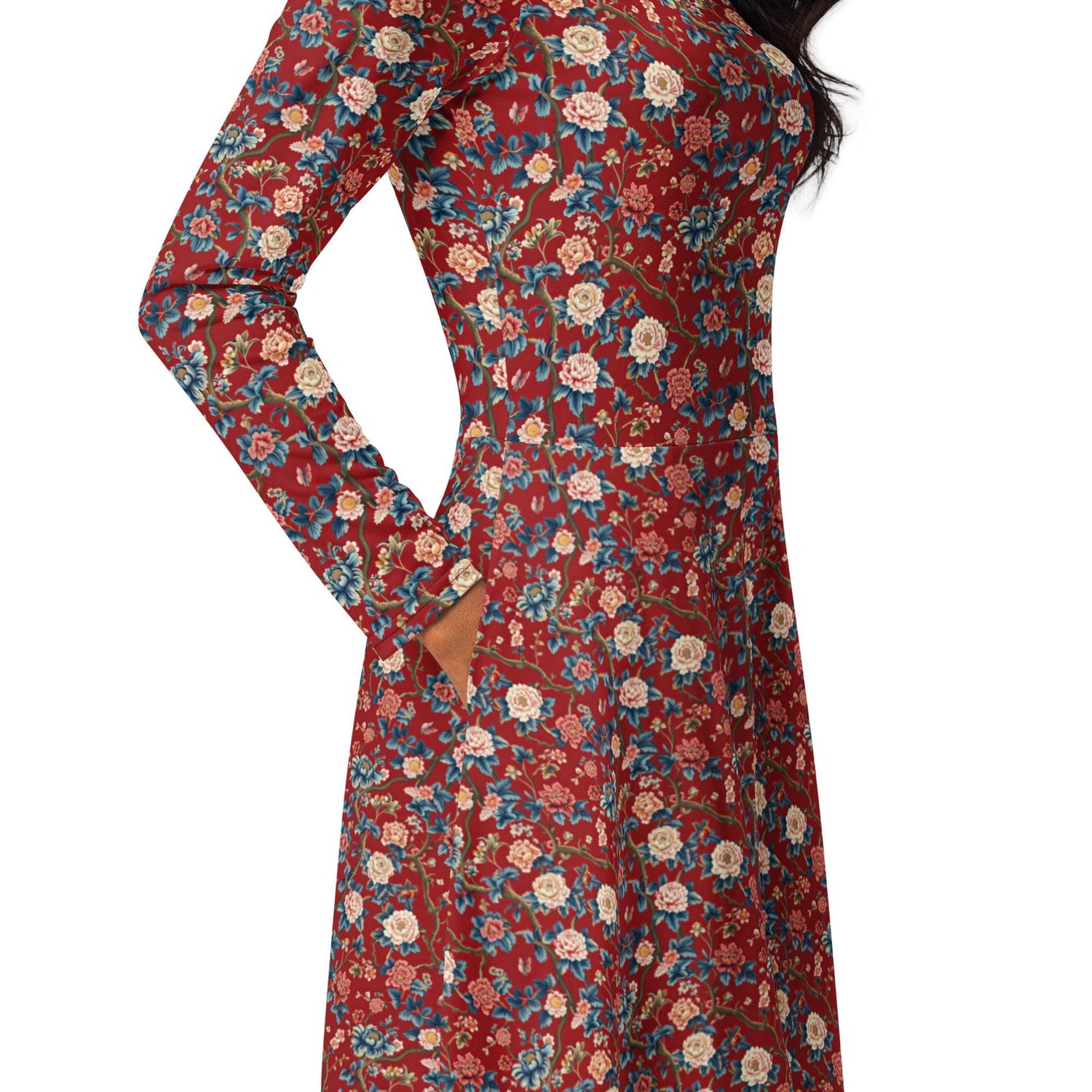 Chinoiserie All-Over Print Long Sleeve Midi Dress – Elegant Bohemian Chic Fashion